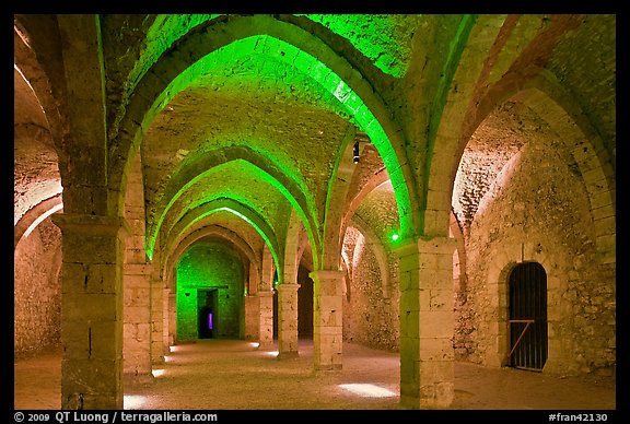 Vaulted room illuminated with colored lights, Provins. France