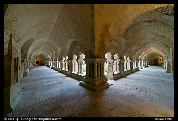 Wide view of cloister galleries, Fontenay Abbey. Burgundy, France