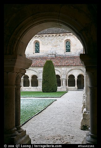 Garden seen from cloister, Abbaye de Fontenay. Burgundy, France
