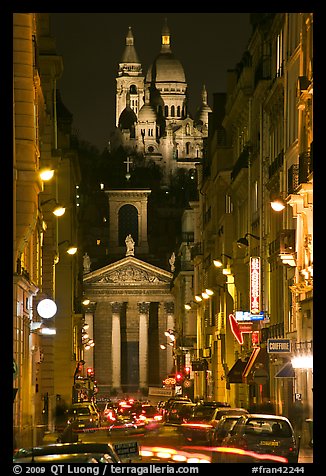 Street, Notre-Dame de Lorette Church, and Sacre-Coeur basilica, Montmartre. Paris, France (color)