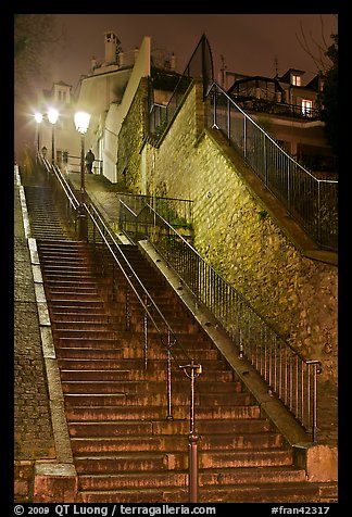 Looking up stairway by night, Montmartre. Paris, France