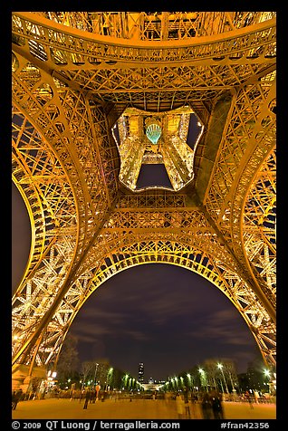 Eiffel Tower from below and Champs de Mars at night. Paris, France (color)
