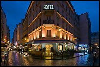 Hotel and pedestrian streets at night. Quartier Latin, Paris, France ( color)