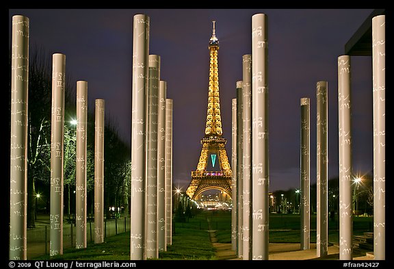 Memorial with word peace written on 32 columns in 32 languages. Paris, France (color)