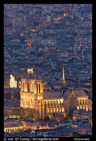 Aerial view of Notre-Dame de Paris Cathedral at night. Paris, France