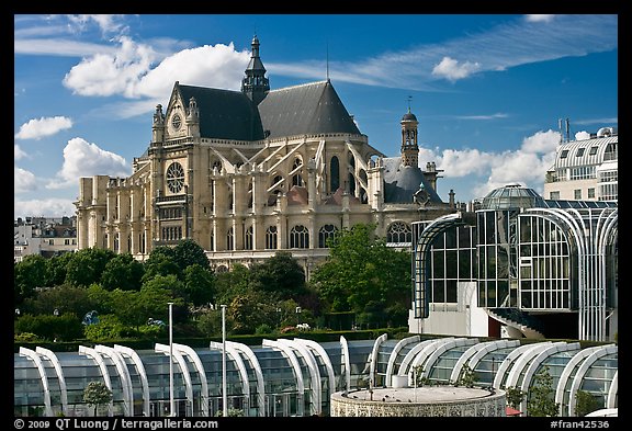 New and old architecture of Forum des Halles and  Saint-Eustache. Paris, France