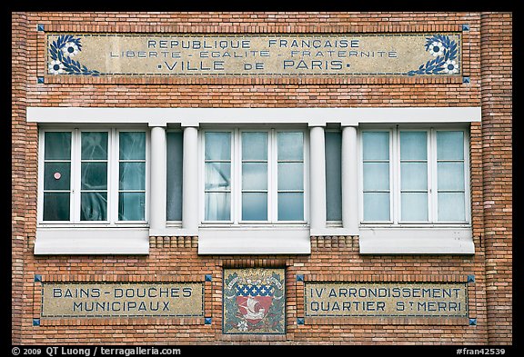Facade of historic public baths. Paris, France