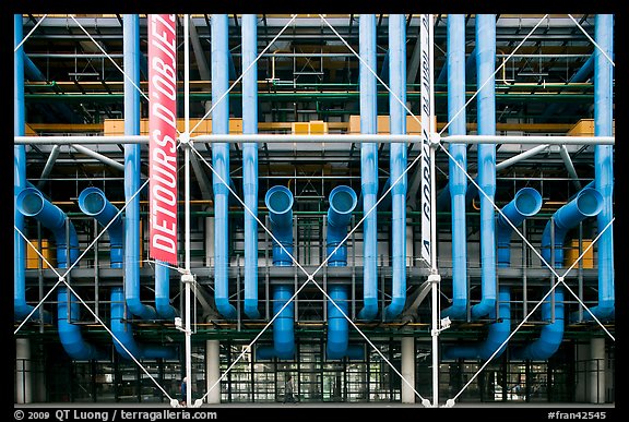 Rear of Pompidou Center with exposed blue tubes used for climate control. Paris, France