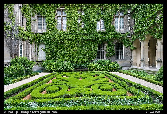 Formal garden in courtyard of hotel particulier. Paris, France