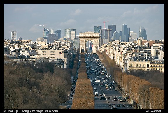 Aerial view of Champs-Elysees, Arc de Triomphe, and La Defense. Paris, France