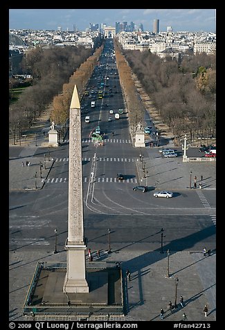 Place de la Concorde Obelisk and Champs-Elysees, seen from above. Paris, France