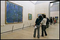 Tourists looking at a large impressionist painting of a lilly pond. Paris, France (color)