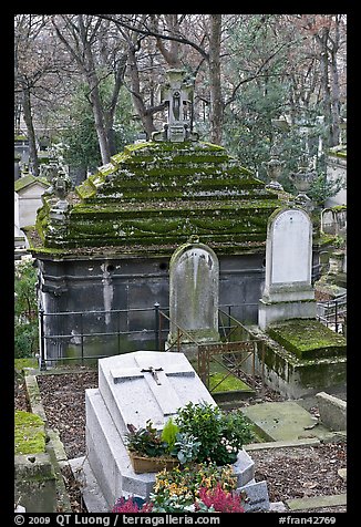 Mossy tombs, Pere Lachaise cemetery. Paris, France