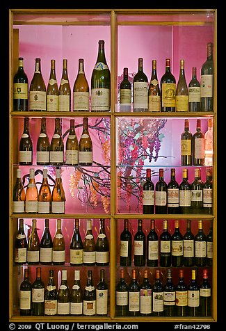 Wine bottles in storefront, passage Vivienne. Paris, France