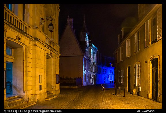 Projection on Palais Jacques Coeur and blue light in the streets. Bourges, Berry, France (color)