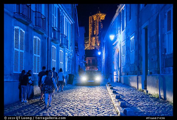 Blue lights in the streets and Saint-Etienne Cathedral. Bourges, Berry, France (color)