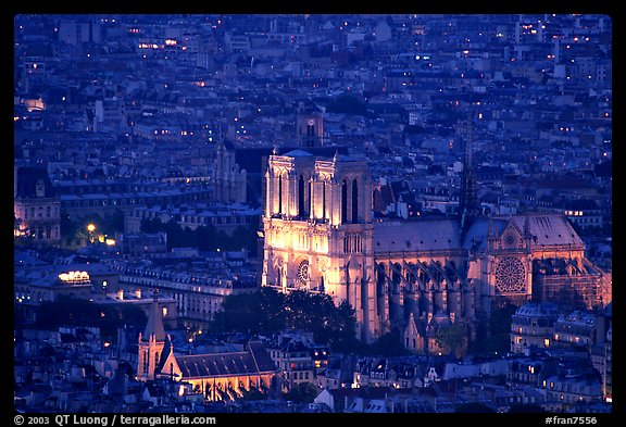 Notre Dame seen from the Montparnasse Tower, dusk. Paris, France