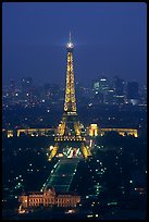 Tour Eiffel (Eiffel Tower) and Palais de Chaillot (Palace of Chaillot)  seen from the Montparnasse Tower by night. Paris, France (color)