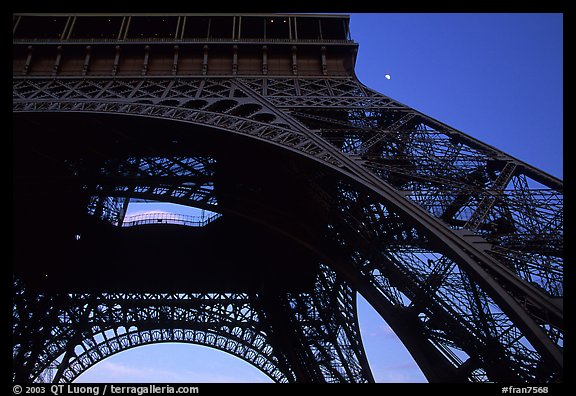 Base of Tour Eiffel (Eiffel Tower) with moon. Paris, France (color)
