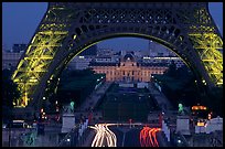 Ecole Militaire (Military Academy) seen through Tour Eiffel  at dusk. Paris, France (color)