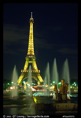 Tour Eiffel (Eiffel Tower) and Fountains on the Palais de Chaillot by night. Paris, France (color)