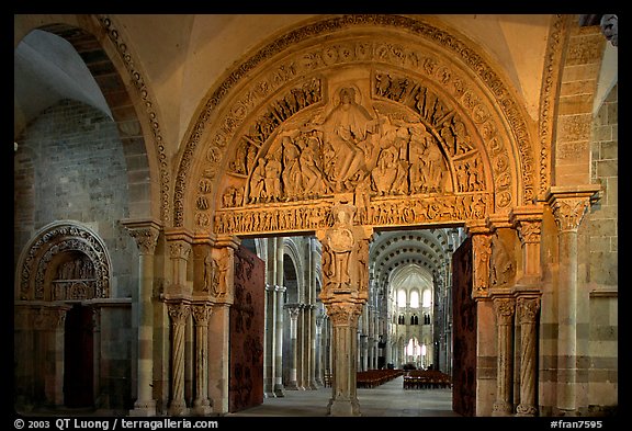 Sculpted doors and typhanum inside the Romanesque church of Vezelay. Burgundy, France