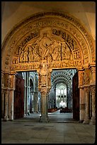 Sculpted Doors and tymphanum inside the Romanesque church of Vezelay. Burgundy, France