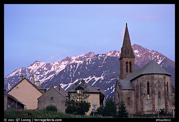 Houses and church,  Villar d'Arene, sunset. France (color)