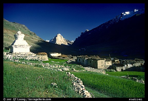 Kargiakh village, with Gumburanjan peak in the distance, Zanskar, Jammu and Kashmir. India