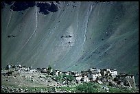 Village and scree slope, Zanskar, Jammu and Kashmir. India (color)