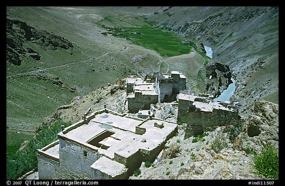 Terraced roofs of village above river valley, Zanskar, Jammu and Kashmir. India (color)