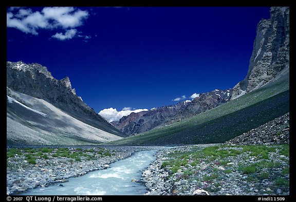 Zanskar River flanked by high cliff, Zanskar, Jammu and Kashmir. India (color)