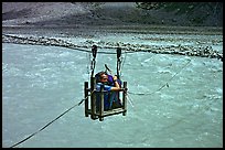Trekker crossing a river by cable, Zanskar, Jammu and Kashmir. India ( color)