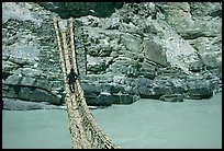 Man crossing a river by rope bridge, Zanskar, Jammu and Kashmir. India ( color)
