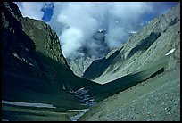 Valley with high cliffs and clouds, Zanskar, Jammu and Kashmir. India (color)