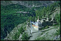 Prayer flag, chortens, and verdant valley below, Himachal Pradesh. India ( color)