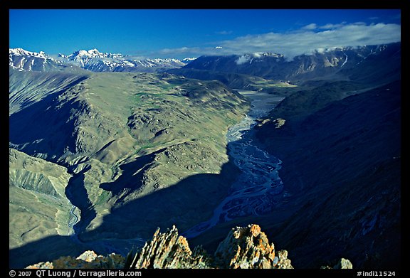 Braided river and mountain range seen from high pass, Himachal Pradesh. India