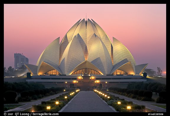 Lotus-shaped Bahai temple at twilight. New Delhi, India (color)