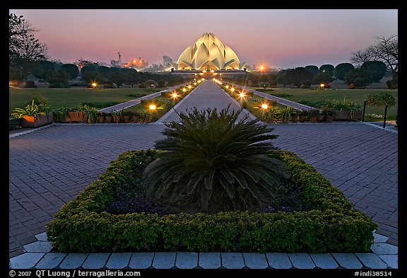 Gardens and  Bahai temple at twilight. New Delhi, India