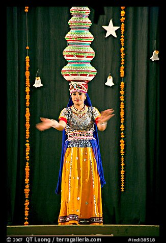 Rajasthani dancer with balanced jars. New Delhi, India (color)