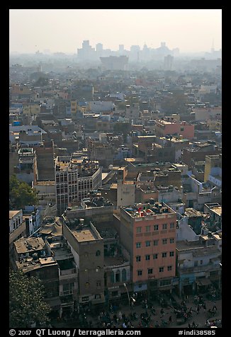 View of Old Delhi from above with high rise skyline in back. New Delhi, India (color)