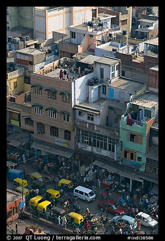 Street traffic and buildings from above, Old Delhi. New Delhi, India (color)