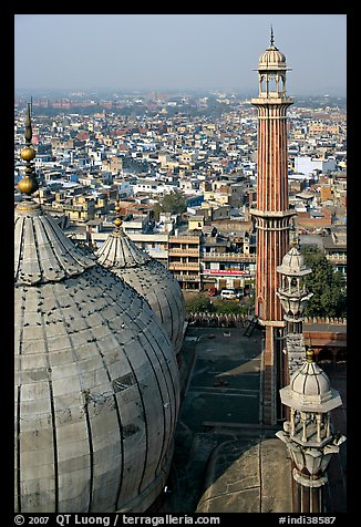 Domes and Minaret from above, Jama Masjid. New Delhi, India
