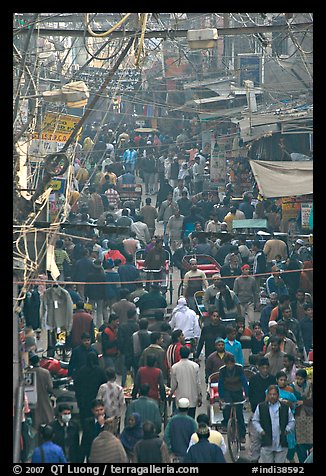 Crowds in Old Delhi street from above. New Delhi, India