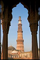 Qutb Minar tower framed by columns. New Delhi, India (color)