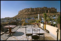 Rooftop restaurant with view on Mehrangarh Fort. Jodhpur, Rajasthan, India ( color)