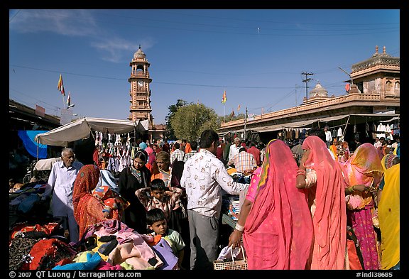 Sadar Market, with women in colorful sari and clock tower. Jodhpur, Rajasthan, India