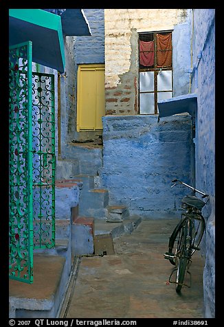 Blue alley with bicycle. Jodhpur, Rajasthan, India