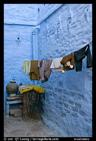 Laundry in alley with whitewashed walls tinted indigo. Jodhpur, Rajasthan, India (color)