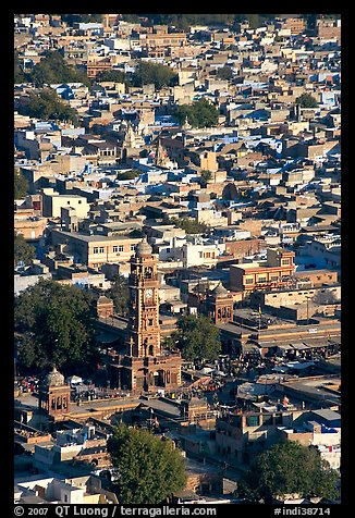 Clock tower and old quarter seen from  Mehrangarh Fort. Jodhpur, Rajasthan, India (color)